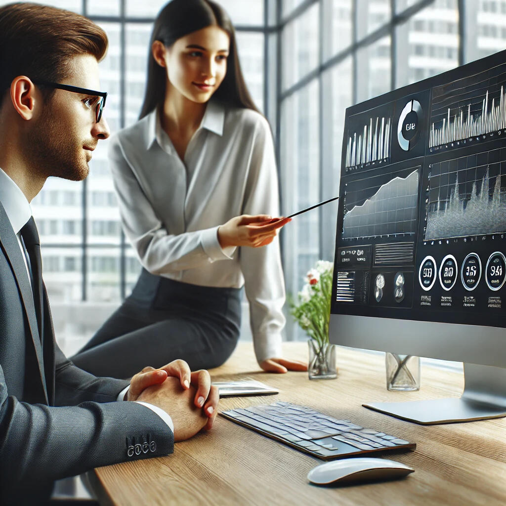 Obrázek jak někdo ukazuje jinému člověku jak pracovat s dashboardem